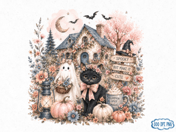 Cottagecore Ghost Cat PNG, Cute Halloween: A Versatile Digital Design for Creative Projects