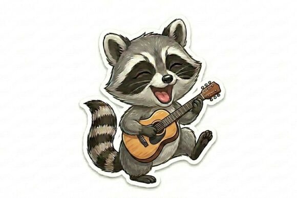 Cute Raccoon Playing Guitar PNG and Kawaii Raccoon Sticker Design: A Creative Asset for Digital Projects