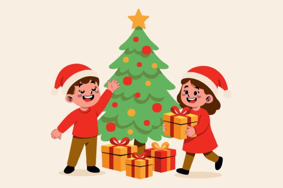 Two Children Standing Beside a Decorated: A Versatile Holiday Asset for Designers and Marketers