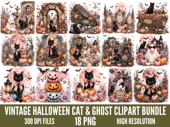 Vintage Halloween Cat Ghost Cliparts